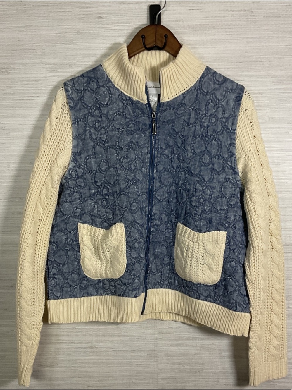 Blue Denim Flower Embroidered Jacket Cream Cable Knit Sleeves Large